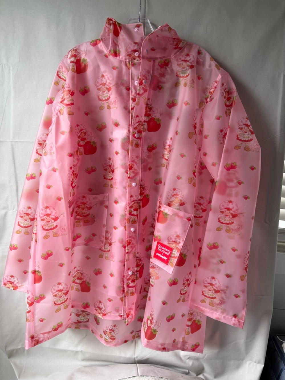 Pink Strawberry Short Cake Print Transparent Hooded Raincoat (i184) - Picture 3 of 13